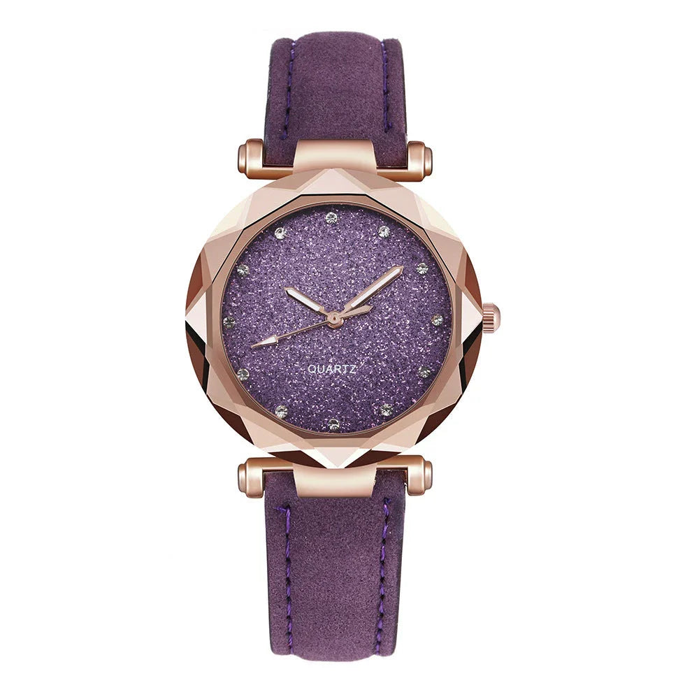 Elegant women's wrist watch with a captivating starry sky dial and leather strap, suitable for any occasion.