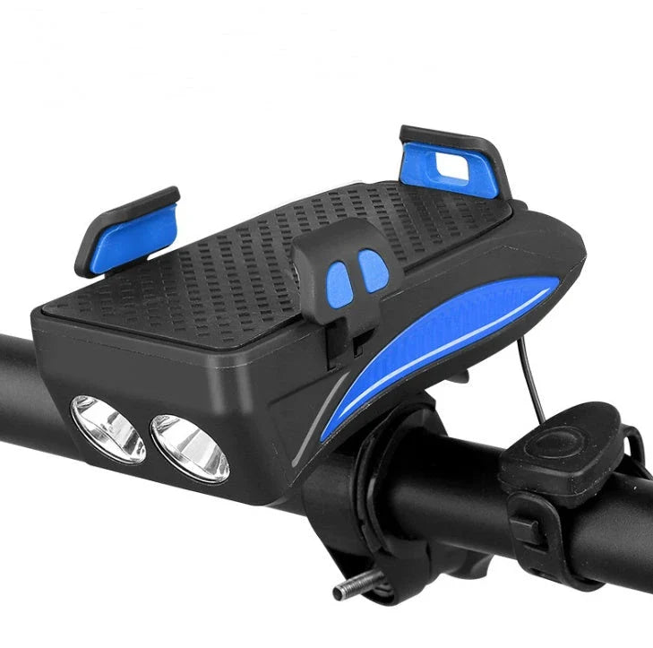 Multifunctional bike mount with horn, lights, and adjustable phone holder for secure storage and charging on the go