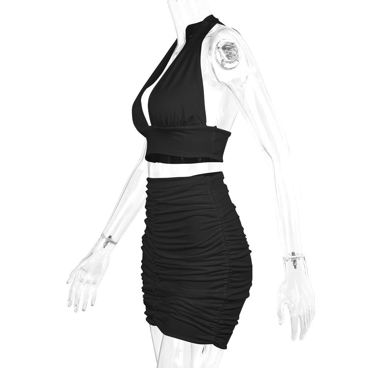 Elegant 2-piece dress suit featuring a halter lace-up top and pleated knee-length skirt in a variety of fashion colors