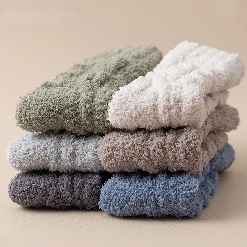 Plush coral fleece socks in various colors, designed for cozy and comfortable home wear