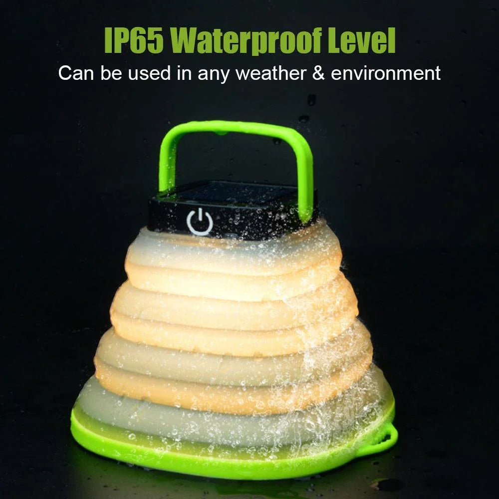 Compact and collapsible solar-powered camping lantern with adjustable brightness and IP68 waterproof rating