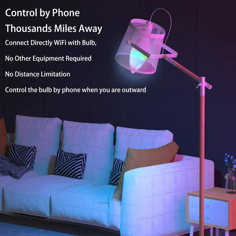 Dimmable RGB LED smart light bulb with voice control and 16 million colour options for home decor