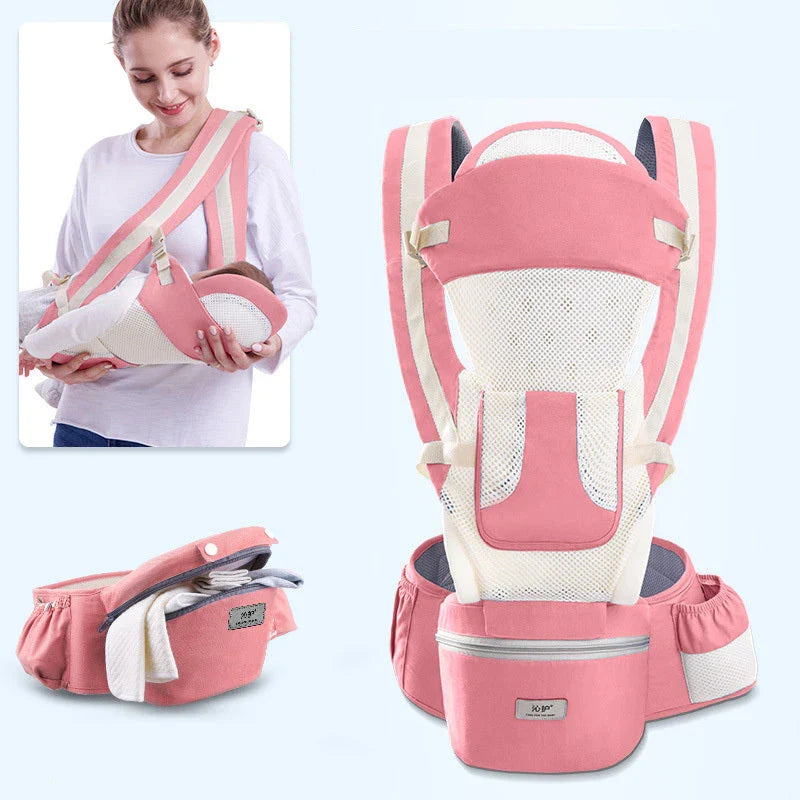 Versatile 3-in-1 baby carrier with 15 carrying positions, adjustable sunshade, and storage compartment for convenient parenting