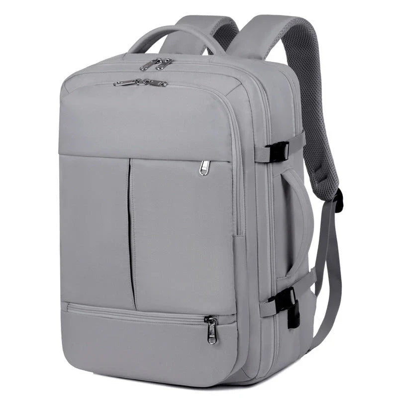 A stylish and high-capacity backpack with multiple pockets and zippers, designed for business and travel use.