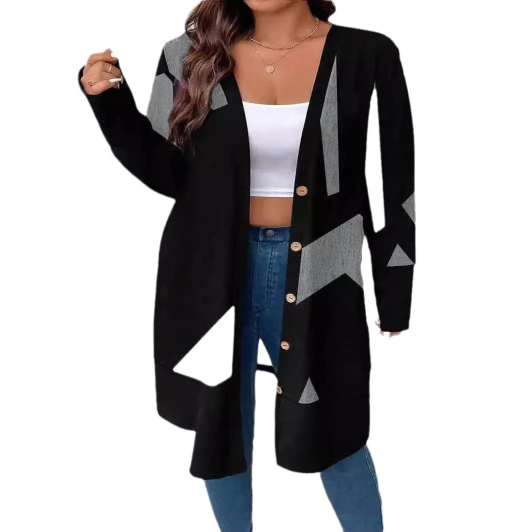Black loose-fit plus size cardigan coat with button front and stitching print detail.