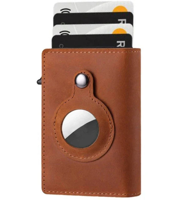 Premium leather wallet with built-in AirTag pocket and RFID blocking technology for secure everyday carry