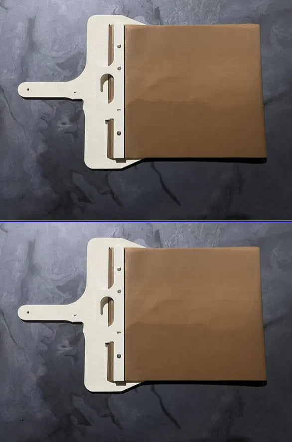 Wooden sliding pizza peel storage board in natural log colour with three size options.