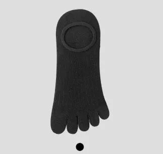 Pair of solid colour modal five-finger socks laid flat, showing toe separation and thin fabric texture.