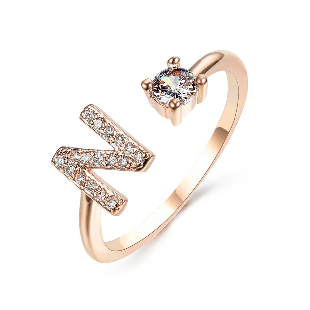 Personalized Initial Letter Crystal Ring with Adjustable Design in Gold, Silver, and Rose Gold Colors