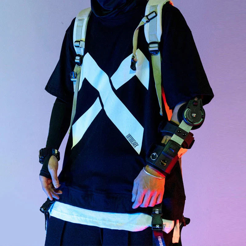 Cyberpunk-inspired elbow support brace with sleek black design, lightweight aluminium alloy construction, and soft shoulder pads for enhanced comfort and stability