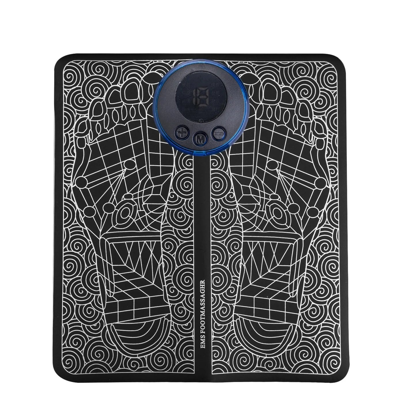 Leather foot massage cushion with LCD display and wireless remote control on a floor.