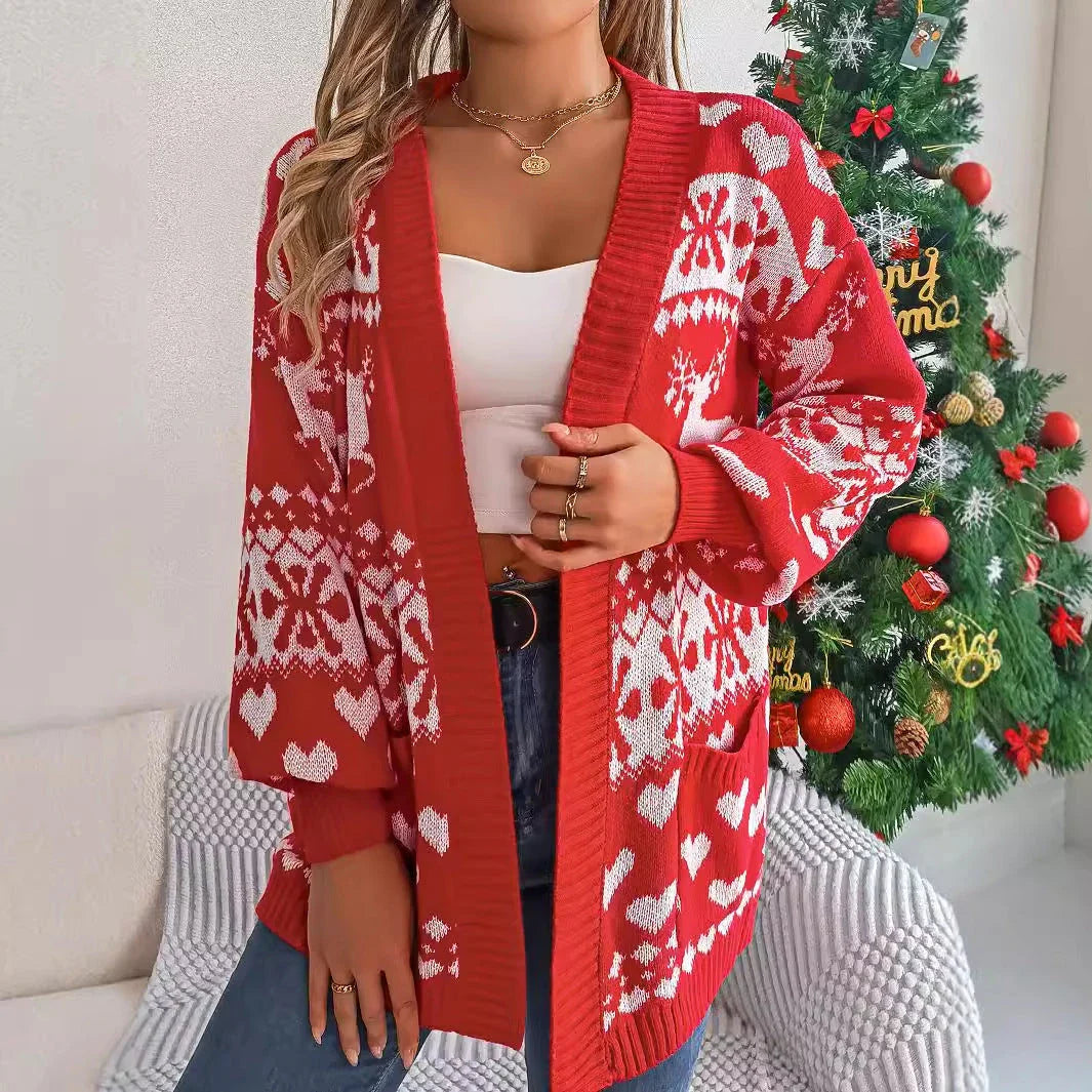 Women's open-front Christmas cardigan with festive deer print, available in red, green, and white colors
