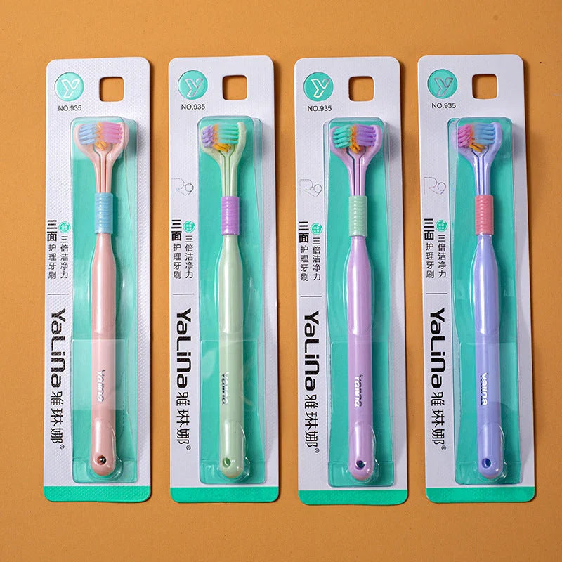 A soft bristle toothbrush with a unique triple-sided brush head for deep cleaning and customizable bristle firmness.