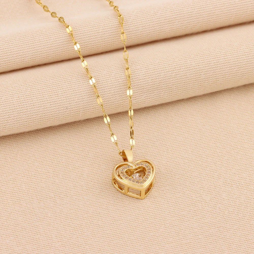 Double-layer love necklace with rhinestones and titanium steel pendant, a stylish and durable fashion accessory
