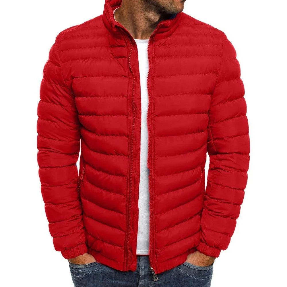 Men's insulated jacket in various solid colors with zipper closure, long sleeves, and pockets