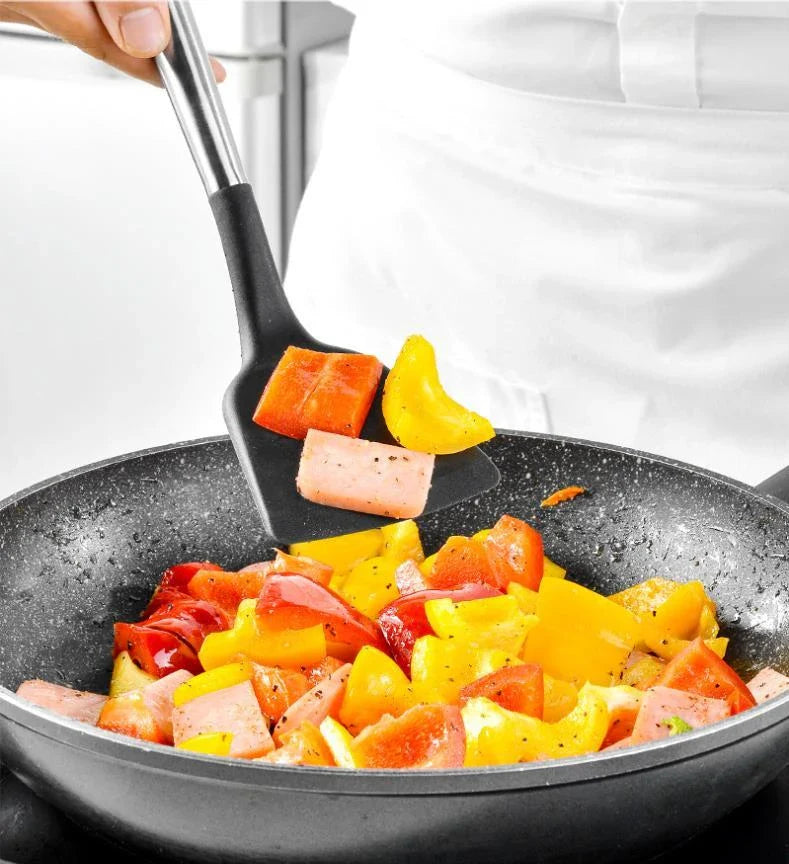 Premium silicone kitchenware set with stainless steel handles in black and red colors, including various cooking utensils and tools