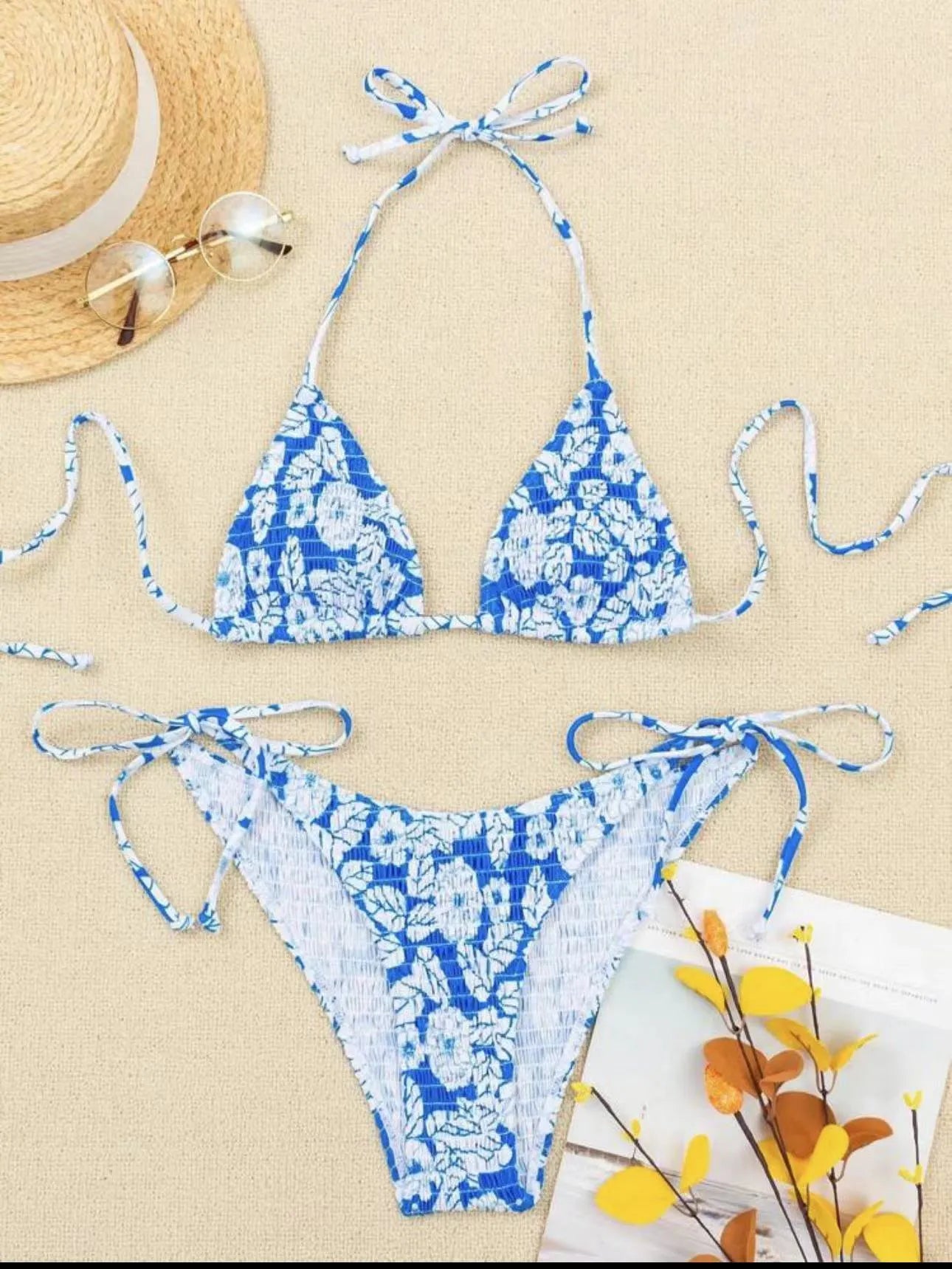 Women's floral halter swimsuit bikini set in multiple colours with brief bottoms