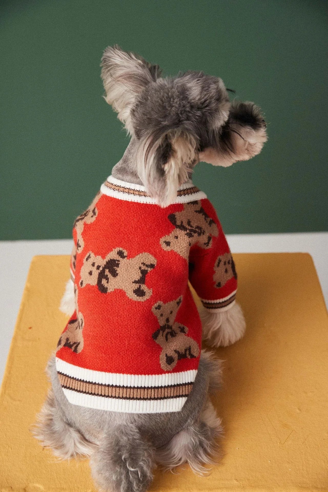 Cosy knitted pet jumper in classic British striped design, available in light blue, beige, and red colours