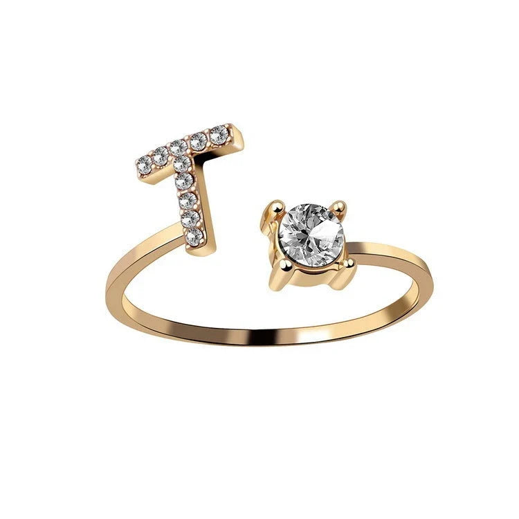 Personalized Initial Letter Crystal Ring with Adjustable Design in Gold, Silver, and Rose Gold Colors