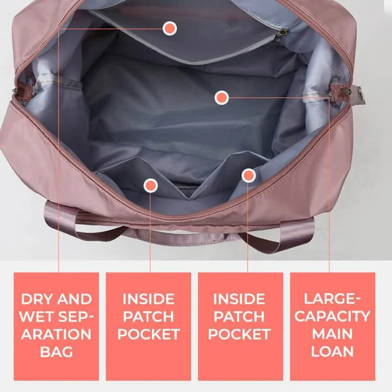 Stylish and spacious foldable travel bag for women, featuring a water-resistant Oxford cloth construction, multiple pockets, and convenient carrying options.