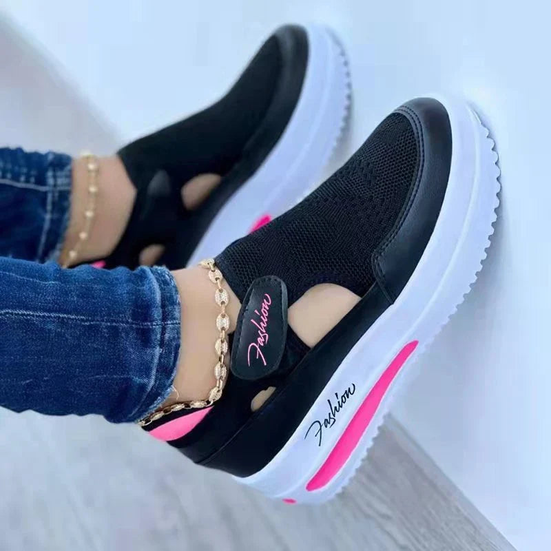 Stylish and comfortable women's mesh sneakers with cushioned soles, available in red, black, blue, and pink colors in sizes 35 to 43.