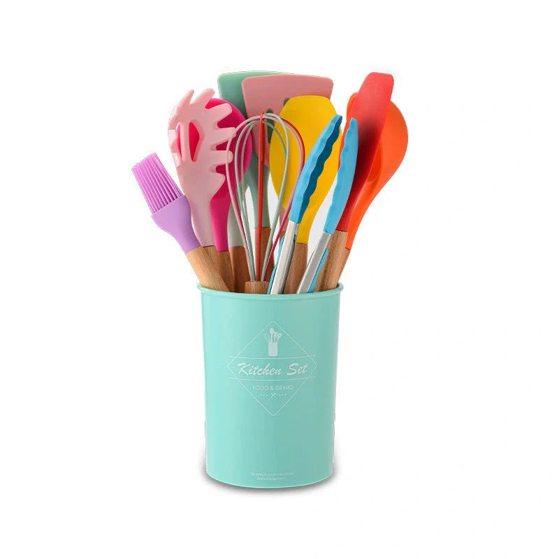 Premium silicone kitchenware set with wooden handle, ideal for cooking and baking