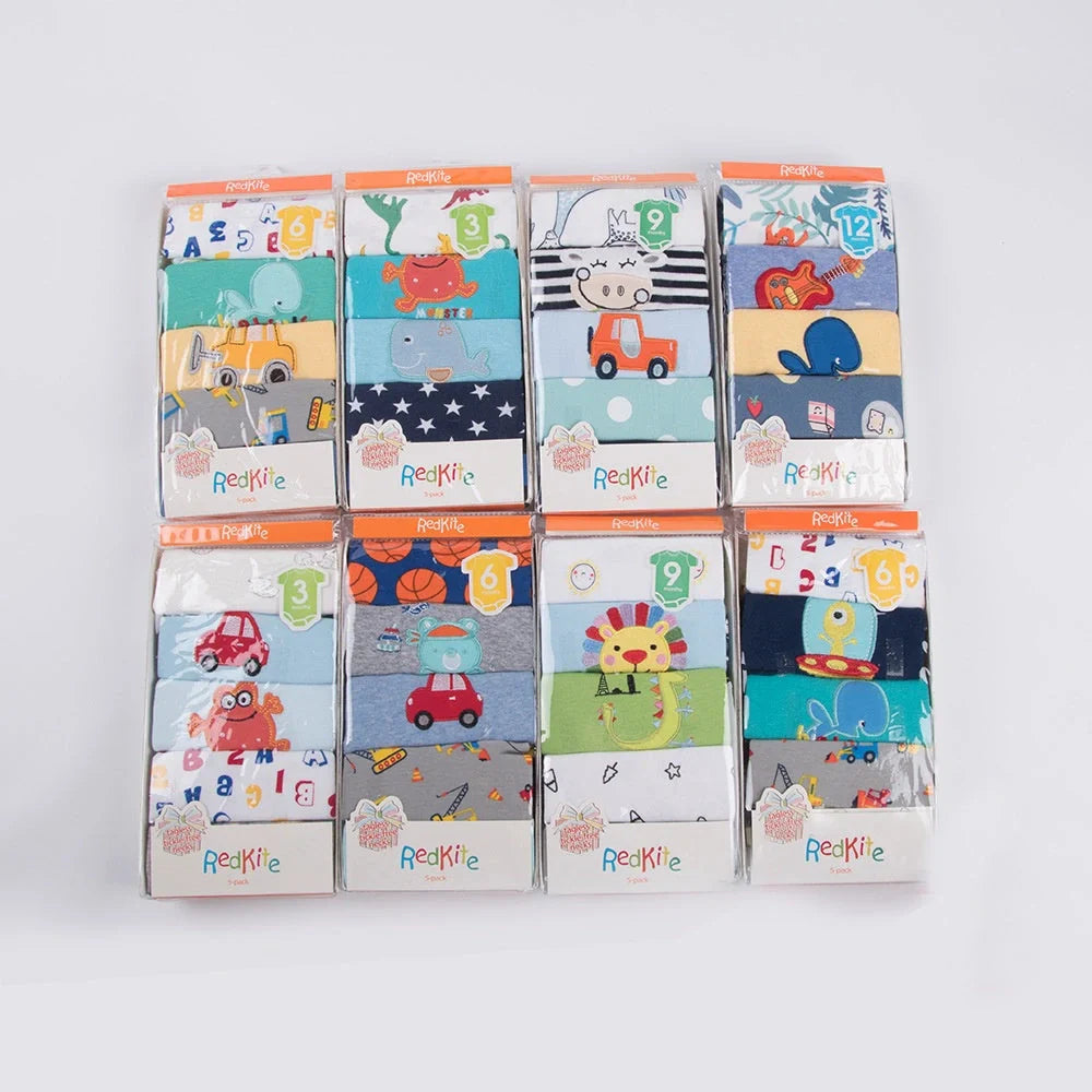 Charming cotton baby outfits in a 5-piece set, featuring a variety of sizes and styles for boys and girls