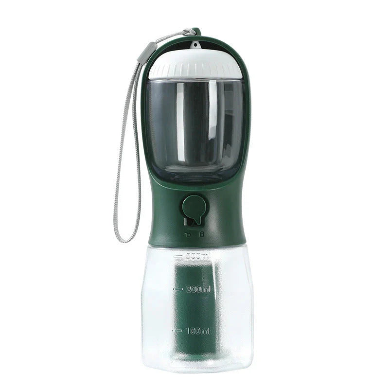 Portable 3-in-1 pet water bottle with built-in filtration system, food container, and waste bag storage compartment