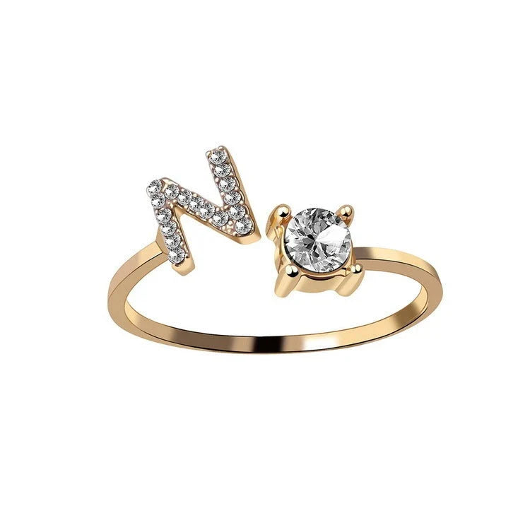 Personalized Initial Letter Crystal Ring with Adjustable Design in Gold, Silver, and Rose Gold Colors
