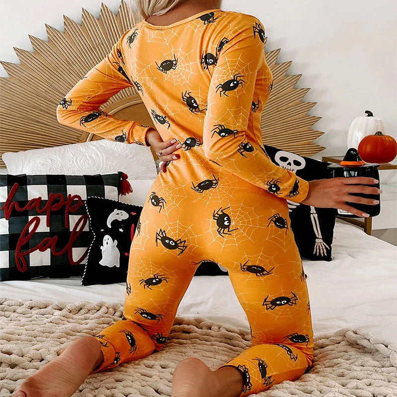 Cozy and stylish Halloween-themed pajama jumpsuit with long sleeves and a variety of color options
