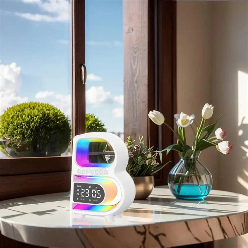 Multifunctional B-shaped Bluetooth speaker lamp with wireless charging, adjustable lighting, and alarm clock features