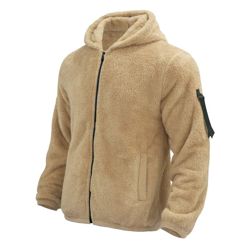 Plush hooded jacket in various colours, featuring a cosy design with a relaxed fit and convenient side pockets