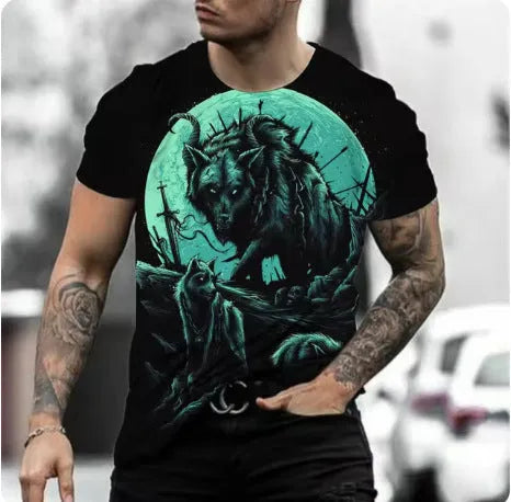Retro-style men's short-sleeved T-shirt featuring a vibrant 3D animal graphic print on lightweight fabric.