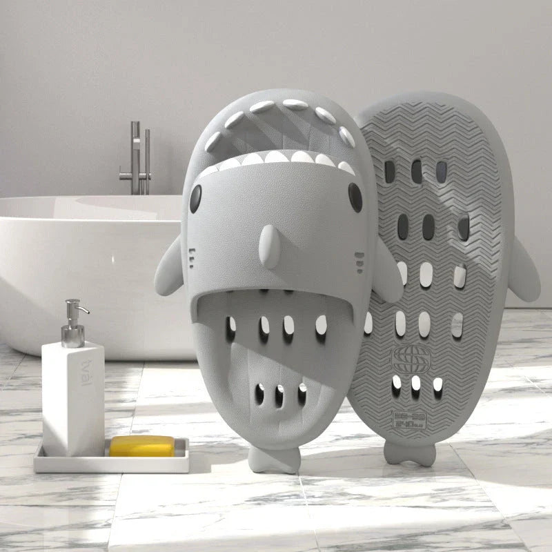 Stylish shark-themed shower slides with drainage holes and non-slip soles, made of lightweight and quick-drying EVA material