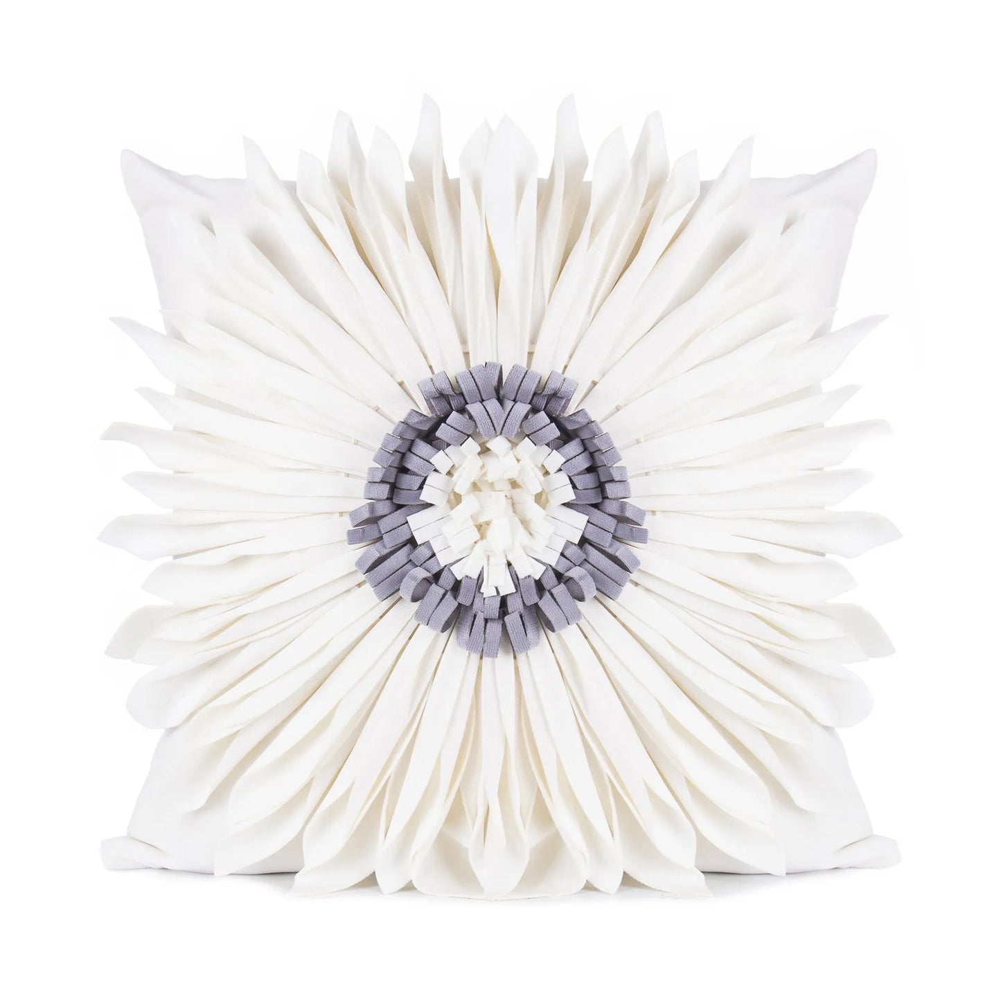 Blue velvet waist pillow with three-dimensional white chrysanthemum tufted design and fringed hem