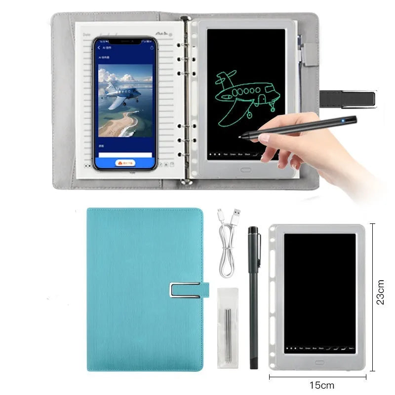 85-inch electronic writing pad with stitching detail in dark blue, shown with smart pen and charging cable.