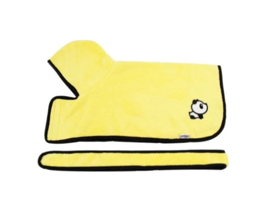 Absorbent pet drying robe with adjustable waist wrap, made of premium microfiber and terry cloth for quick drying and comfort