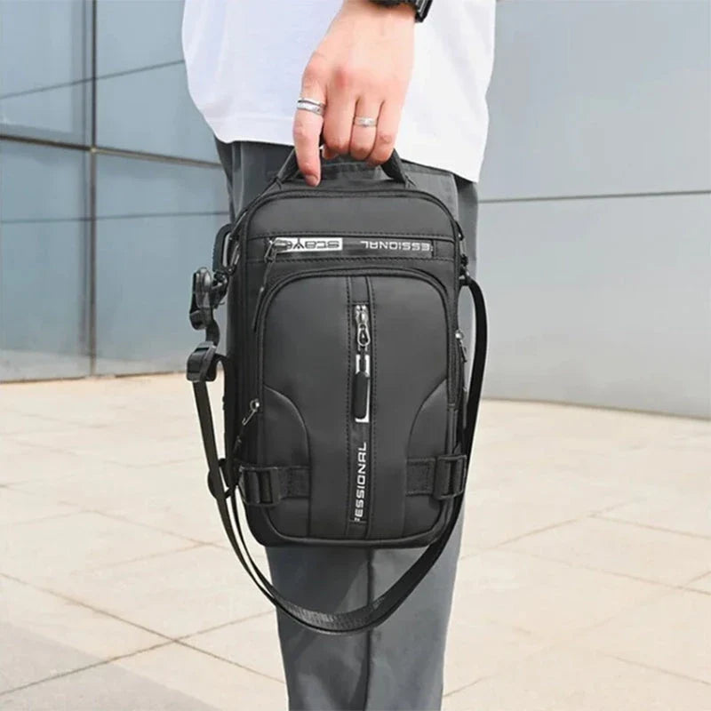 Versatile men's crossbody bag with multifunctional backpack, shoulder, and chest pack design in various colors