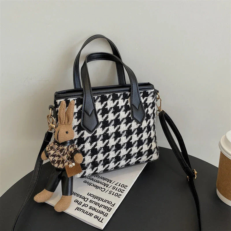 Premium houndstooth and plaid crossbody bags with stylish patterns, comfortable wool material, and versatile design