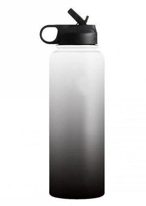 Stainless steel insulated water bottle with wide mouth and push-button lid for hot and cold beverages