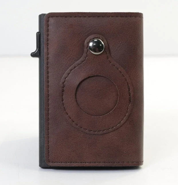 Premium leather wallet with built-in AirTag pocket and RFID blocking technology for secure everyday carry