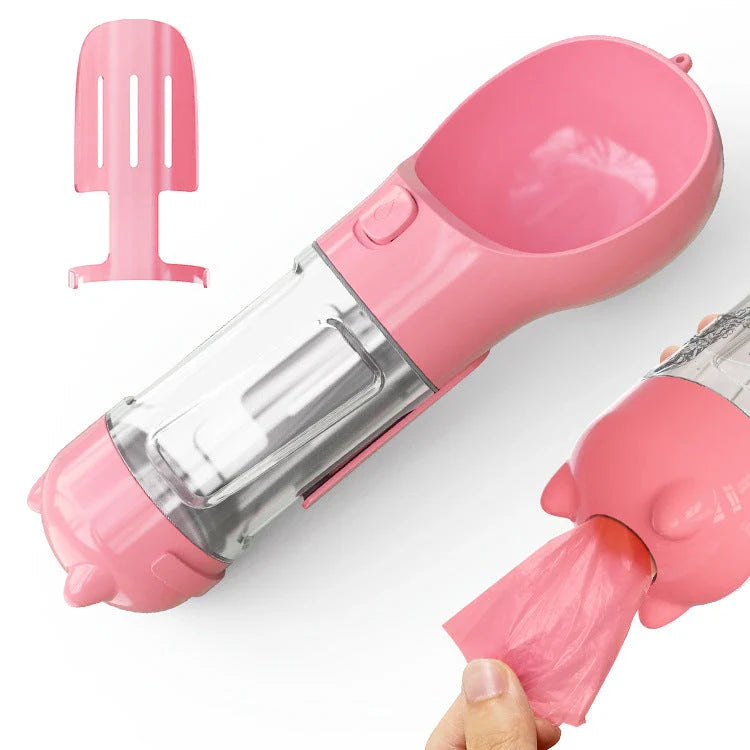 Multipurpose Pet Water Bottle with Feeding Bowl and Waste Bag Storage - Durable, Portable, and Convenient