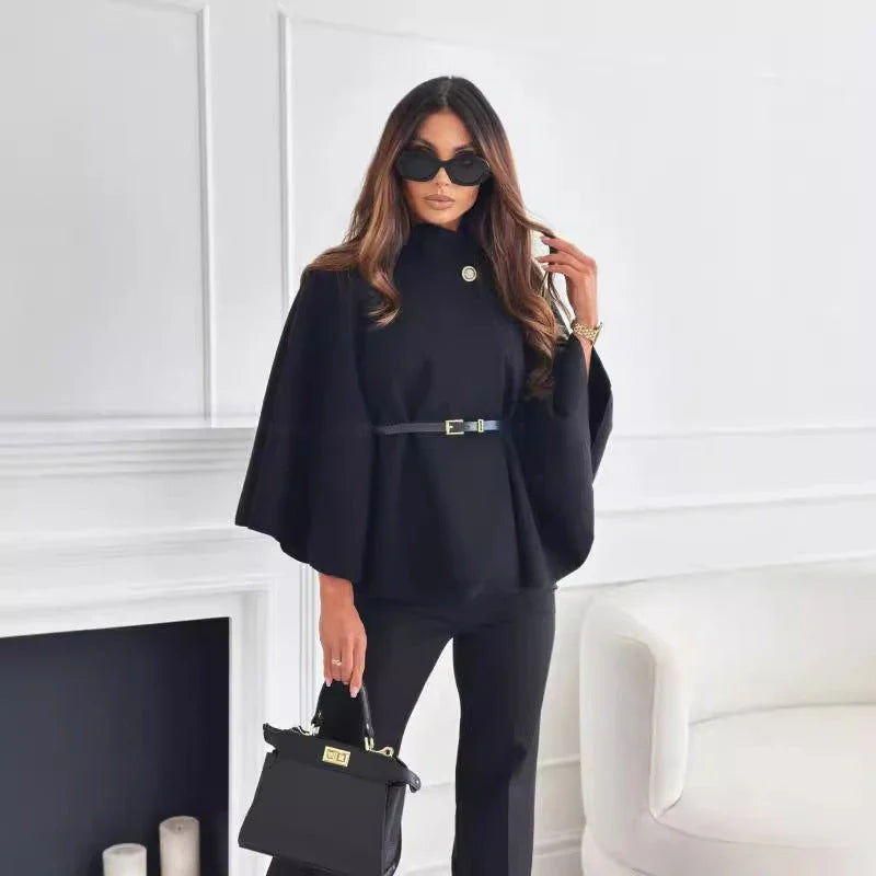 Chic batwing sleeve cloak jacket for women in various colors including black, apricot, gray, and wine red