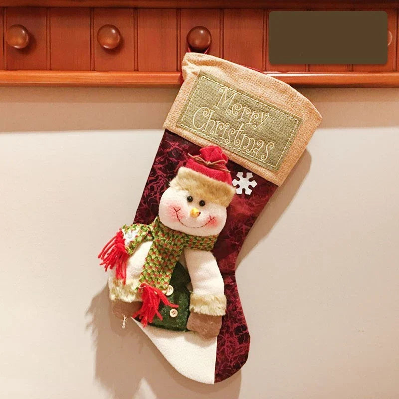 Premium Christmas stocking with 3D appliques of snowman, Santa, and reindeer for festive holiday decor