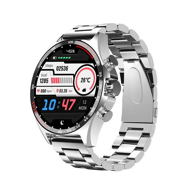 Smart watch with TFT display showing health metrics, available in black silver or gold colours