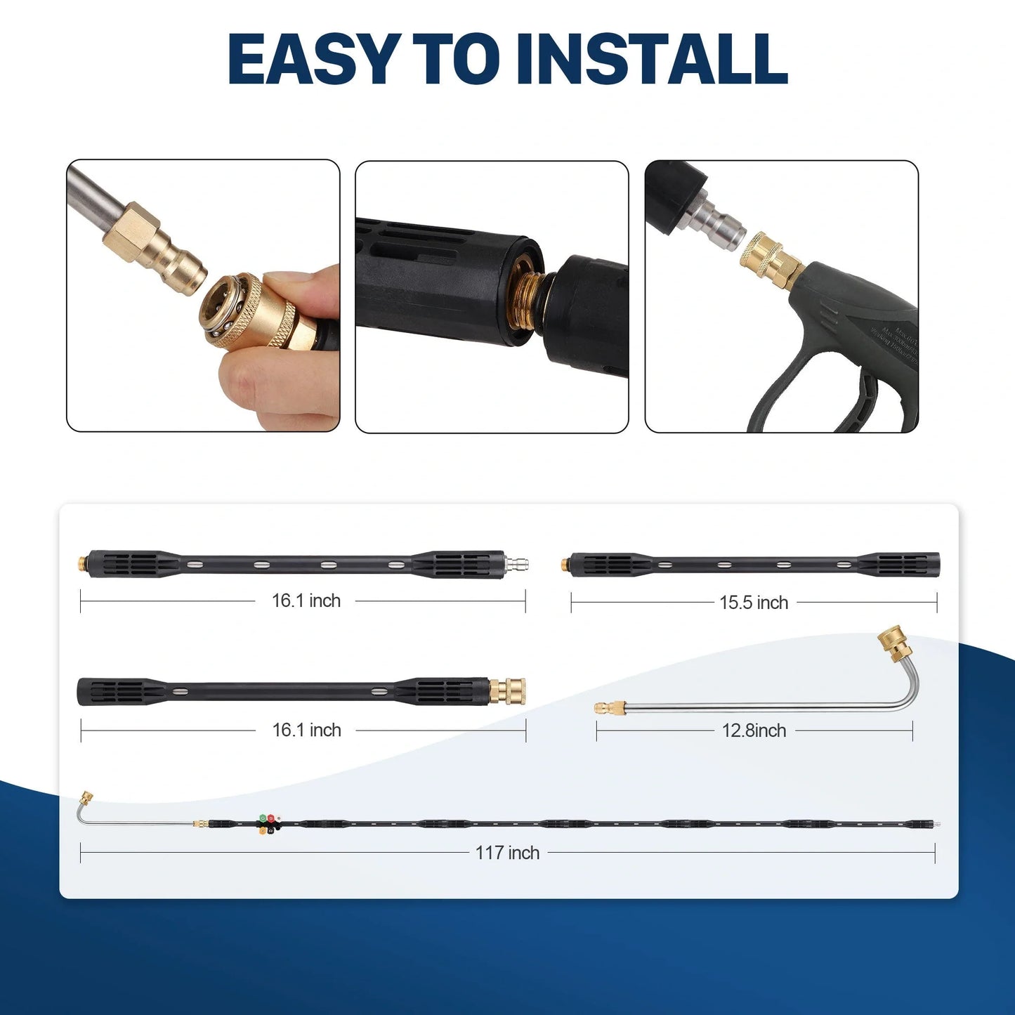 Stainless steel high-pressure washer gutter cleaning rod extending to 110 inches.