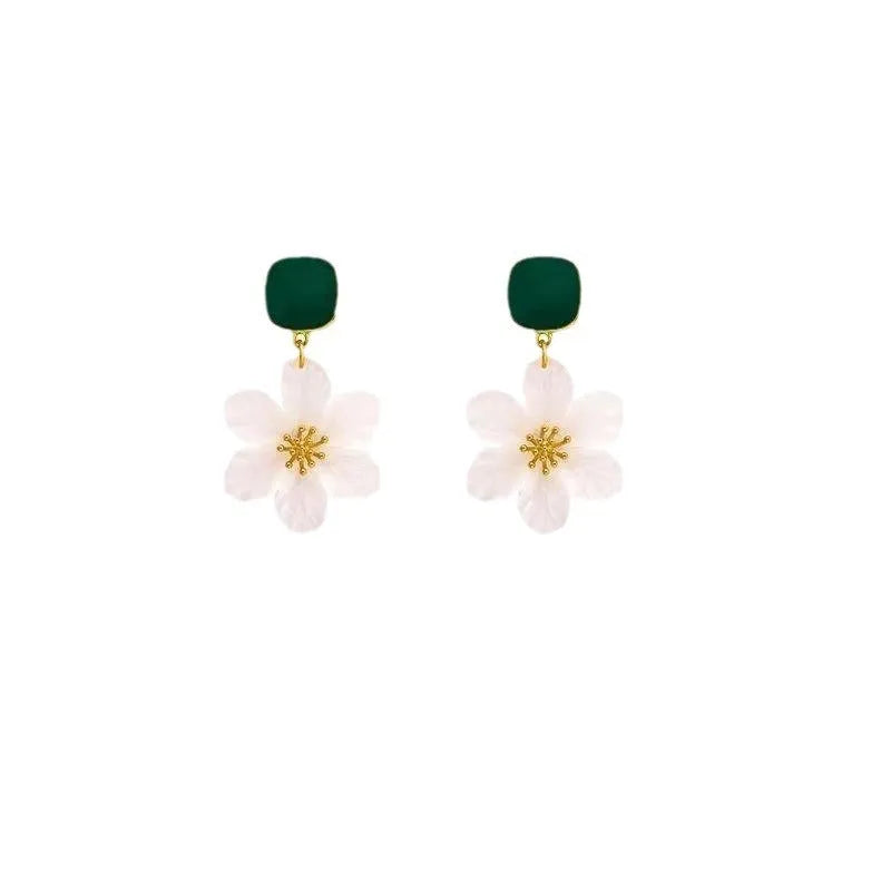 Dark green sweet flower design alloy earrings with needle construction for female wearers