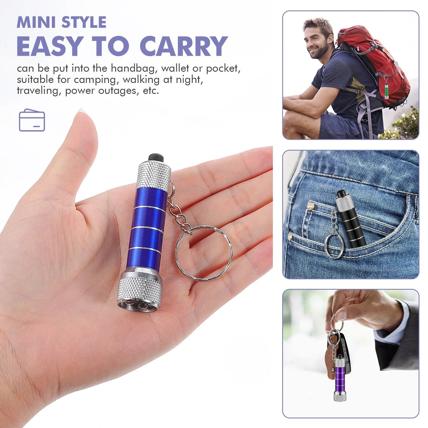 Compact aluminium LED keychain torch in four colours: white, black, red, and blue.