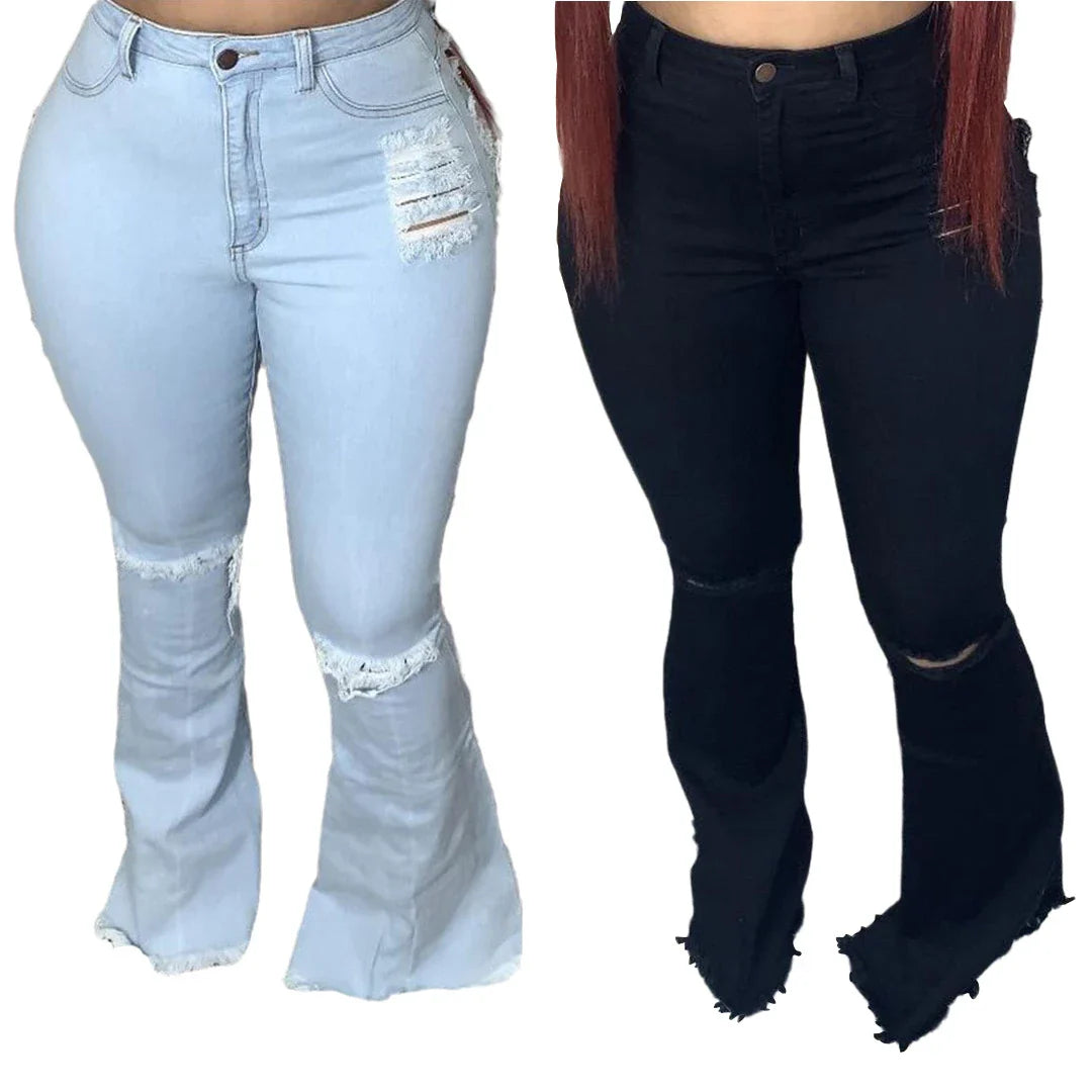 Premium stretch denim plus-size bell-bottom jeans in a variety of colours and sizes