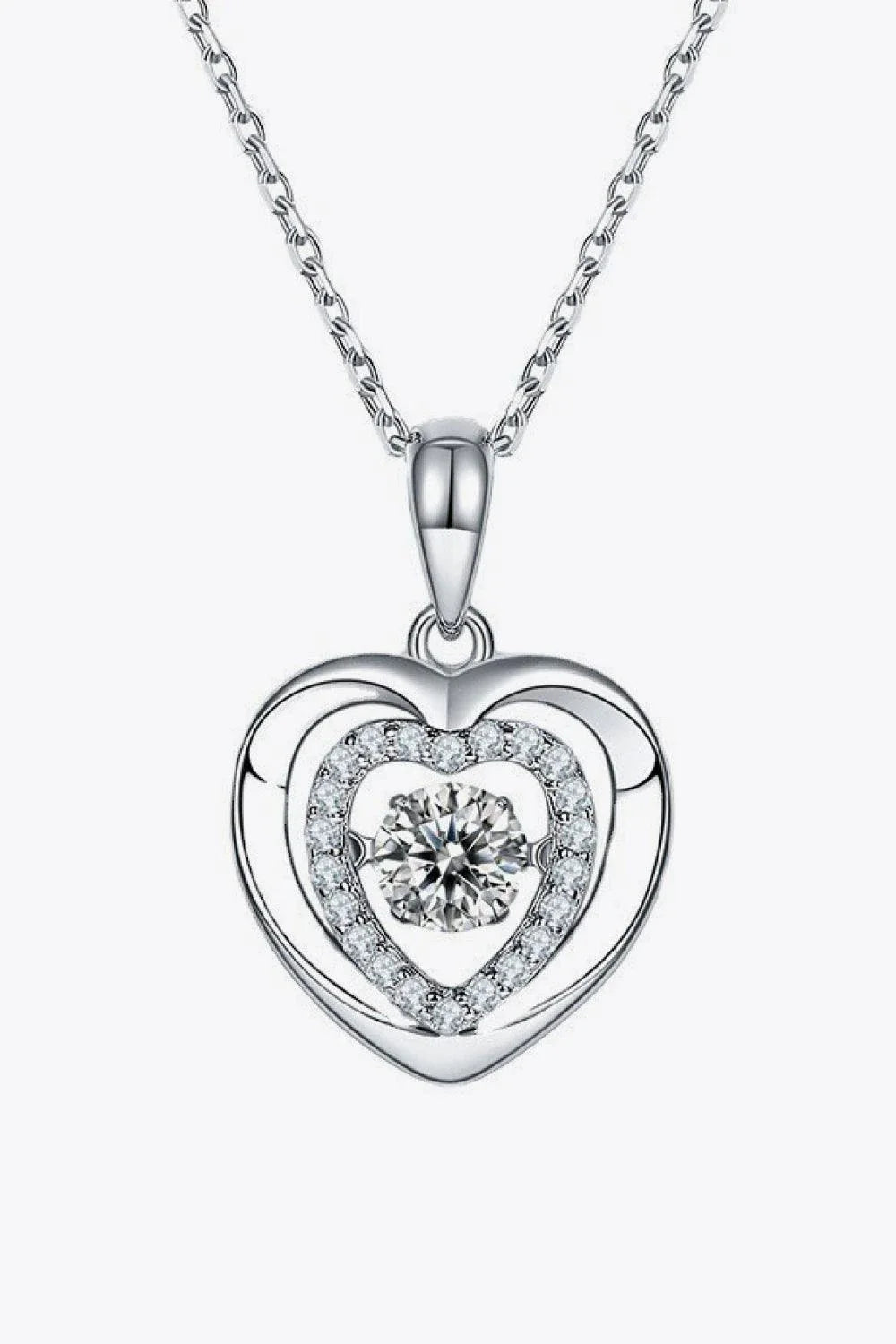 Moissanite heart-shaped pendant necklace in 925 sterling silver with a platinum-plated finish and zircon accent stones